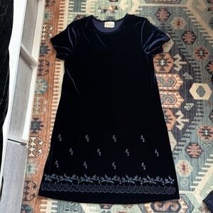 SWAT Velvet Blue Shift Dress with Blue Floral Beaded Embroidery Vintage 90s